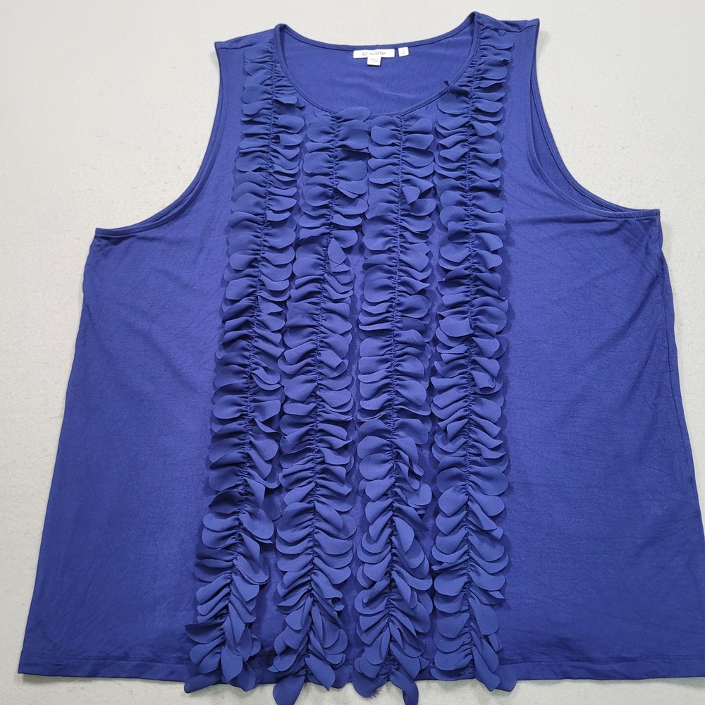 Chico's Blue Ruffle Front Sleeveless Tank Top XXL 4 Rayon Blend Stretch 804886